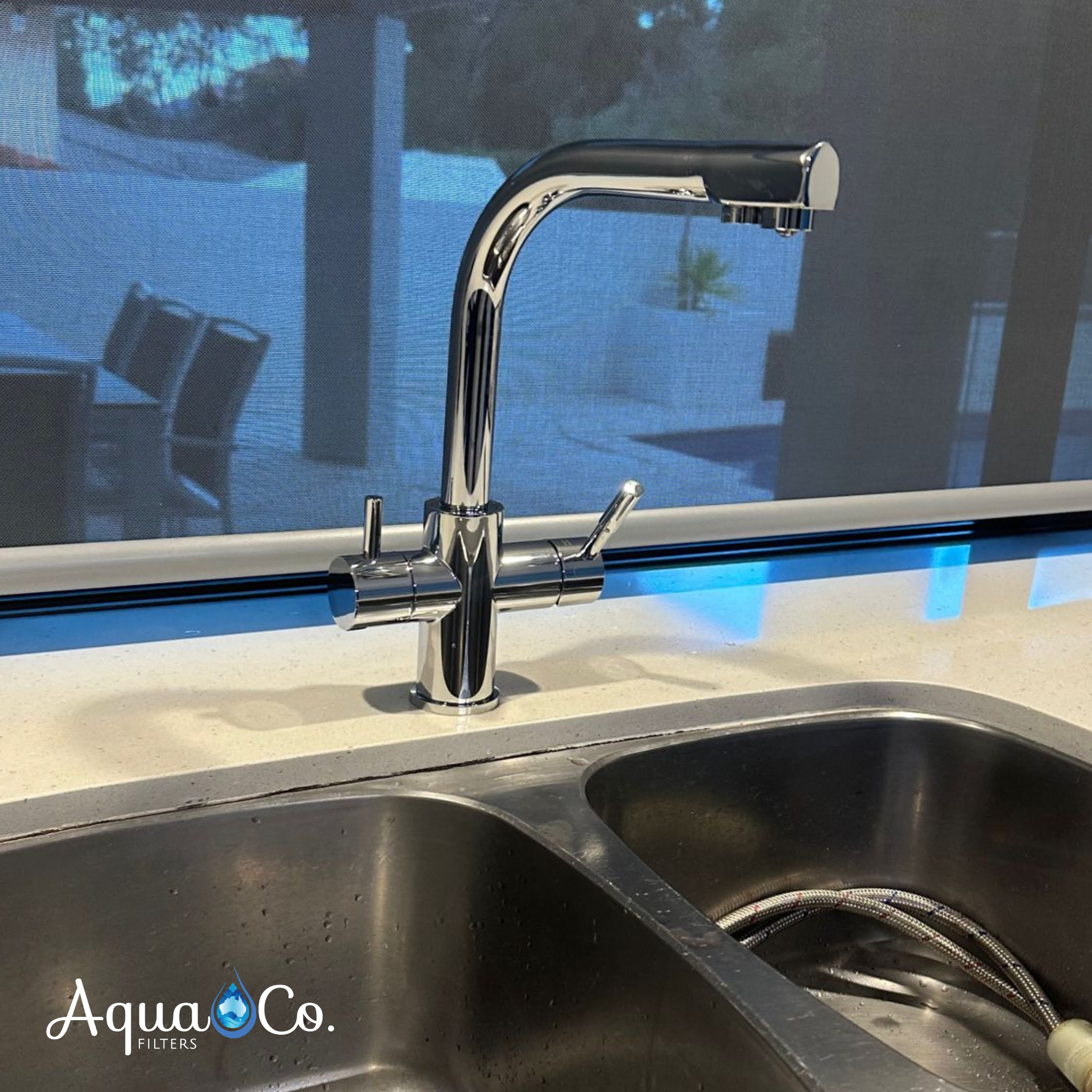 AquaCo Chrome L Shape 3 Way Mixer with LED Filter Change Reminder - Model: 3W-SL-CH